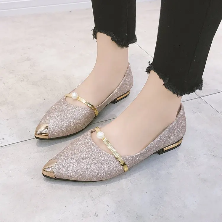 

New flat sandals lady Peas shoes casual shoes wholesale women flat dress Shallow mouth shoes in stock wholesale, Black gold silver