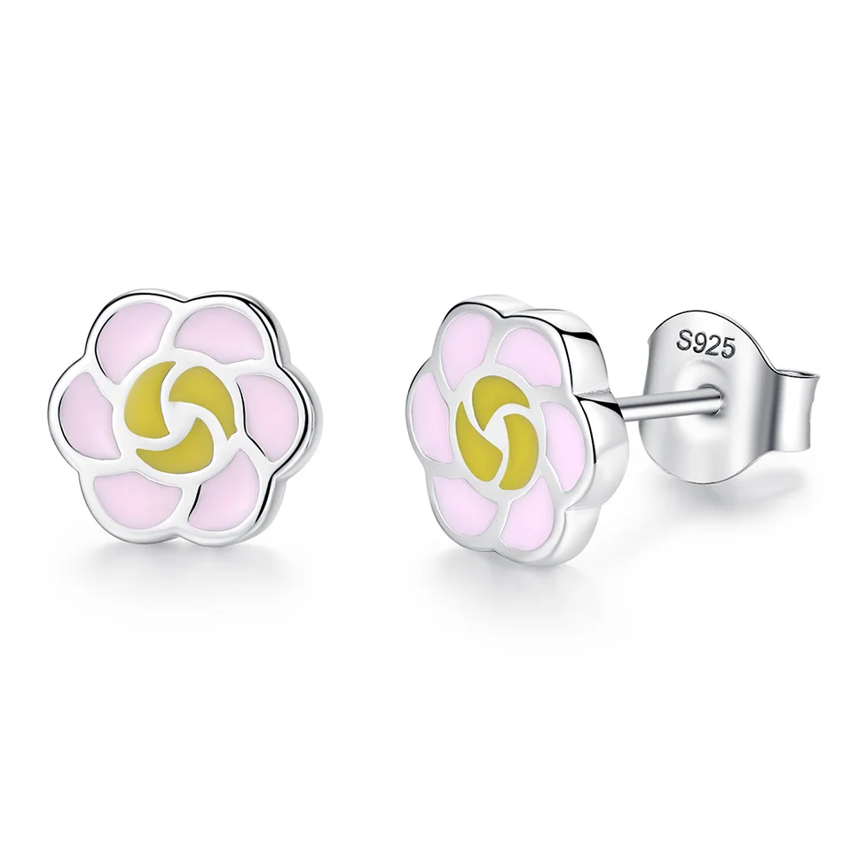 

Children Jewelry 925 Sterling Silver Earrings Pink Enamel Flower Stud Earrings For Fashion Jewelry Girls Baby Family Party Gift