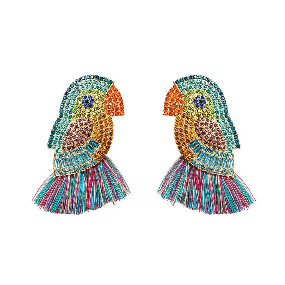 

ET1058 Trendy Rhinestone Crystal Pave Animal Parrot Brid Statement Tassel Fringe Earrings for Women Girls