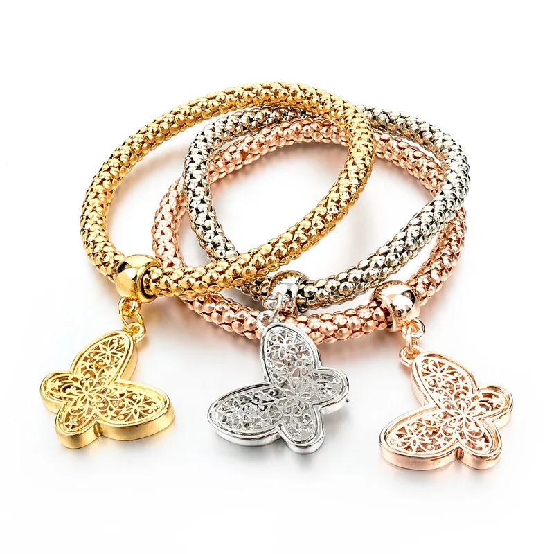 

Popular Hollow Butterfly 3 Layer Alloy Bracelets ,Elastic And Stackable Popcorn Chain Bracelets