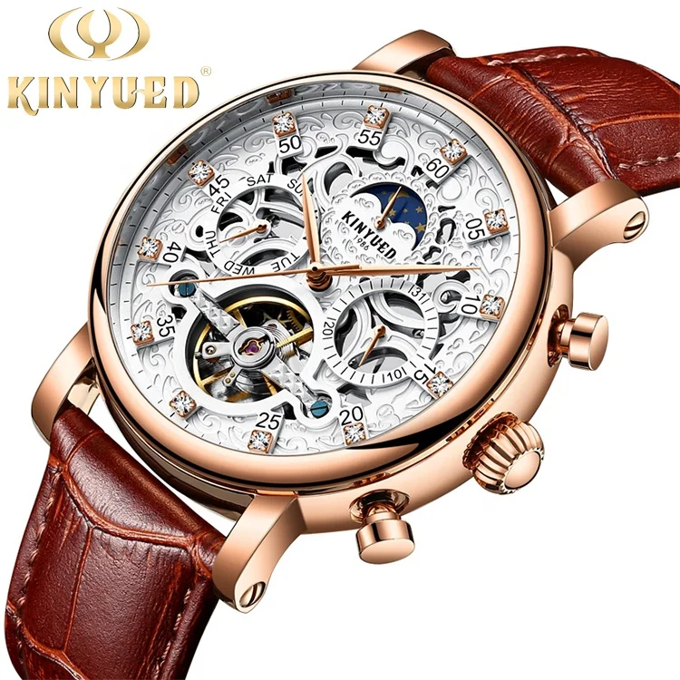 

Luxury Skeleton Tourbillon Automatic Movement Mens Fashion Leather Moon Phase Automatic Mechanical Watch