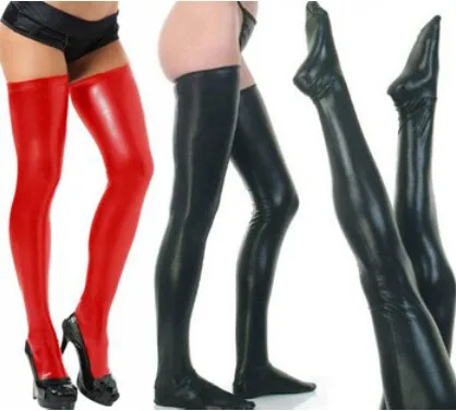 

Lady Black sexy Faux Leather WetLook Vinyl Fetish Stockings Latex Thigh High Stockings Pole Dance Clothes Woman Hose EX615
