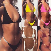 

2019 High Cut Leg Thong Two Piece Bikini Solid Color Swimwear Crystals Brazilian Sexy Bathing Suits Swimsuit