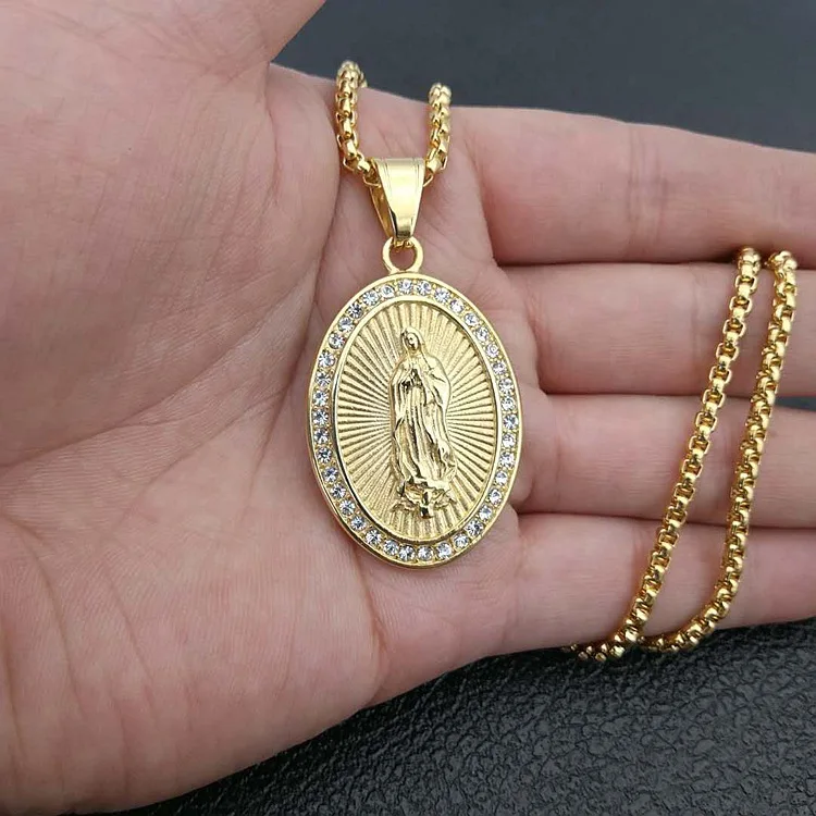 

European Religious Vintage Real Gold Plated Virgin Mary Necklace Hips Hops Pave Crystal Stainless Steel Virgin Mary Necklace, As pictures show