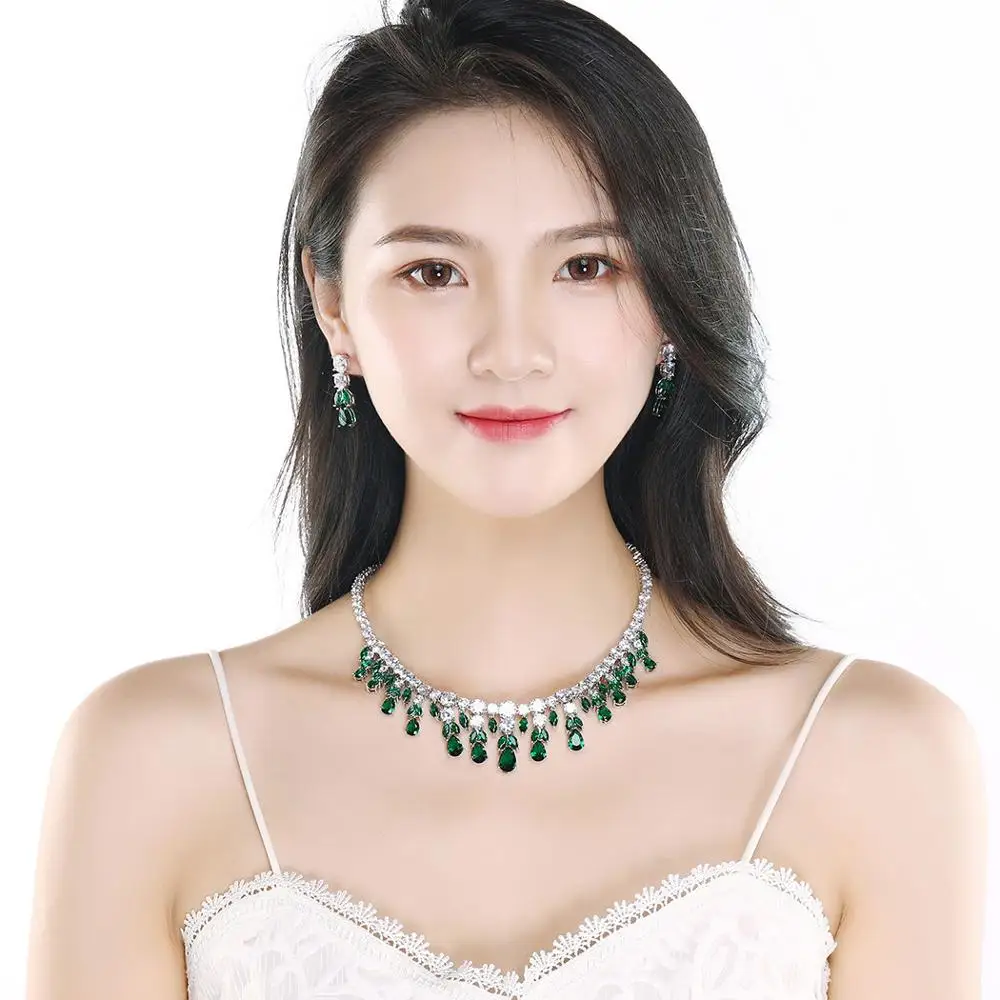 

Bride Weeding Jewelry Set Party Silver Copper Zircon Necklace Earrings Jewelry Set, Black;green;clear;red;blue
