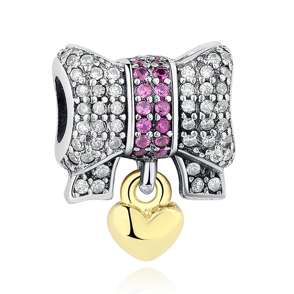 

925 Sterling Silver Charm with Cubic Zircon Bow-knot With Gilded Silver Lock of Heart Charm for DIY Bracelets Wholesale Jewelry