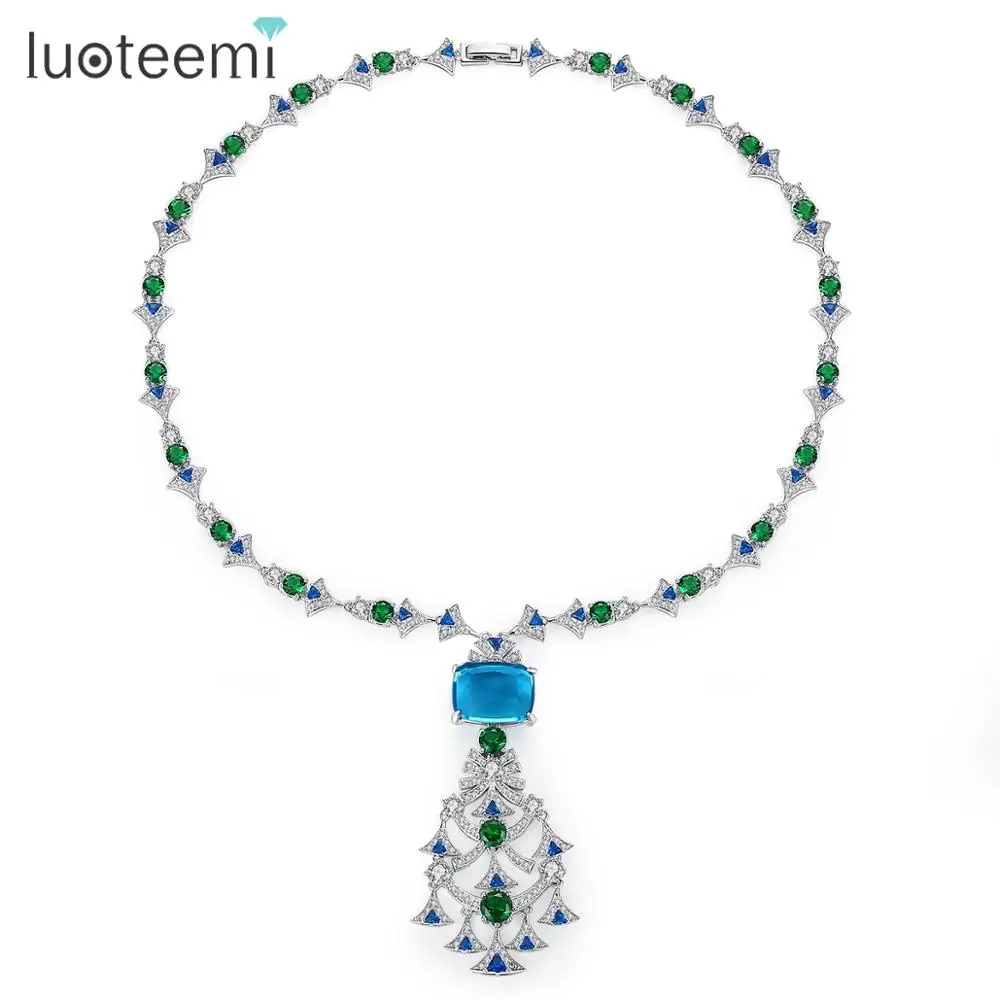 

LUOTEEMI Luxury Big Pendant Long Necklace Tincy CZ with Colorful Crystal Big Women Sweater Necklace Jewelry