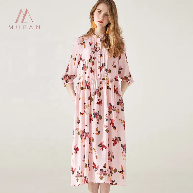 

best quality summer pink loose temperament waist half Sleeve Floral Printed O-neck pure 100% silk women dress, Pictures colors;or customized color