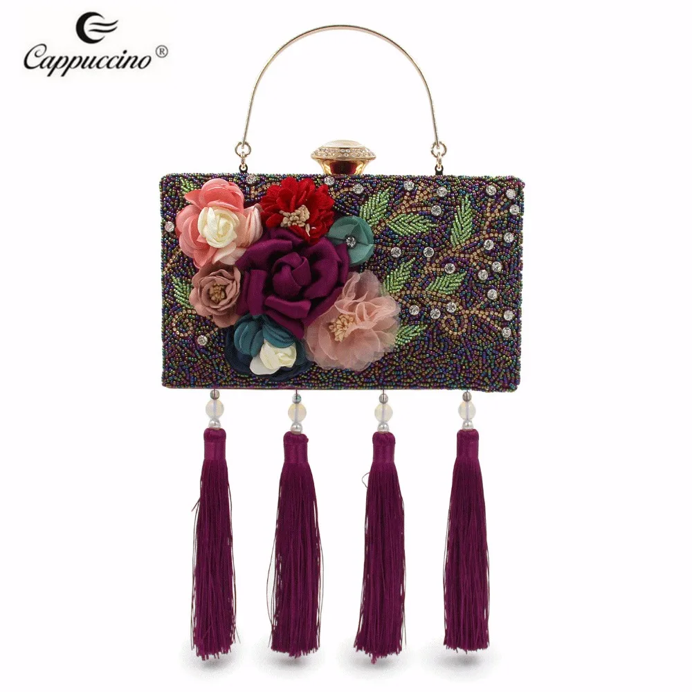 

Popular Fashion Women Flower Tassel Beaded Rhinestone Evening Bag