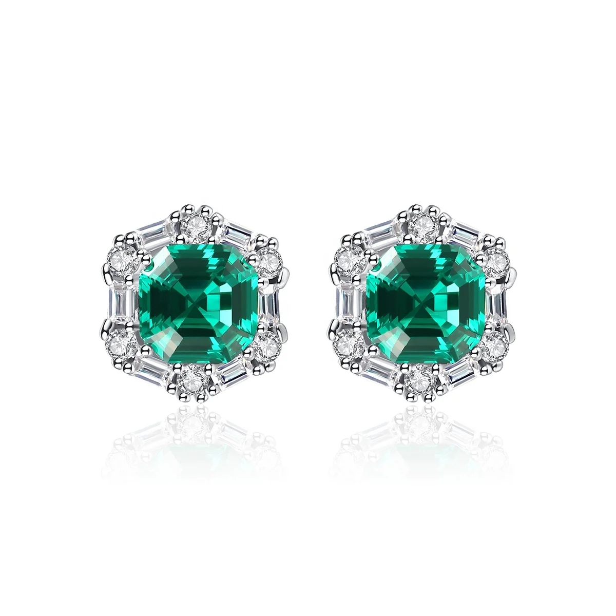 

CZCITY Elegant Sterling Silver Green Gemstone Earrings Square Emerald Stud Earrings for Women Engagement Jewelry