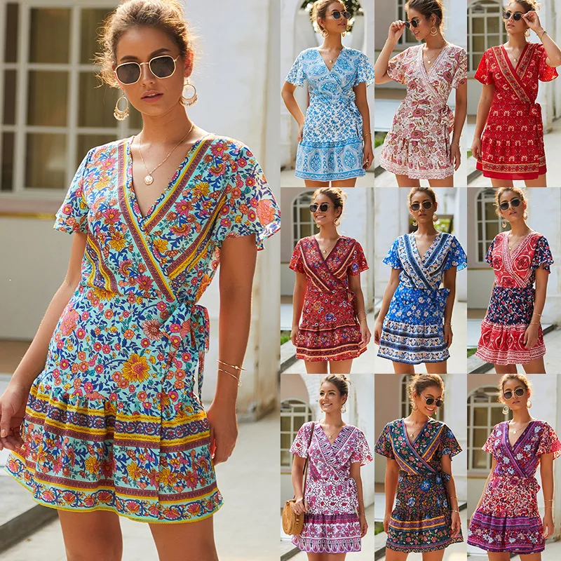 

Bh-002 new fashion latest 2019 colorful bohemia floral print dress women summer ruffle beach dressesladies casual, Picture show