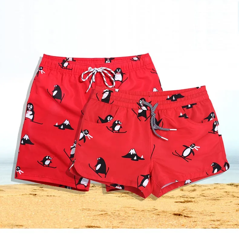 

Couple Men Women Swim Beach Trunks Surf Runner Water Beach Shorts Quick Dry Red Cute Penguin Animal Printed Swimsuit Girls