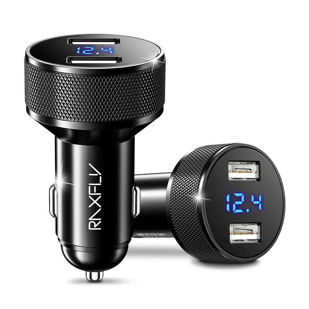 

Great Free Shipping RAXFLY High Quality New Design Led Display 2 Usb Port Car Charger For Mobile Phones