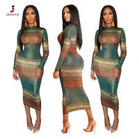 

Cheap Price Fashion Casual Stripe Printed Long Sleeve Slim Fit Bodycon Maxi Dress Woman