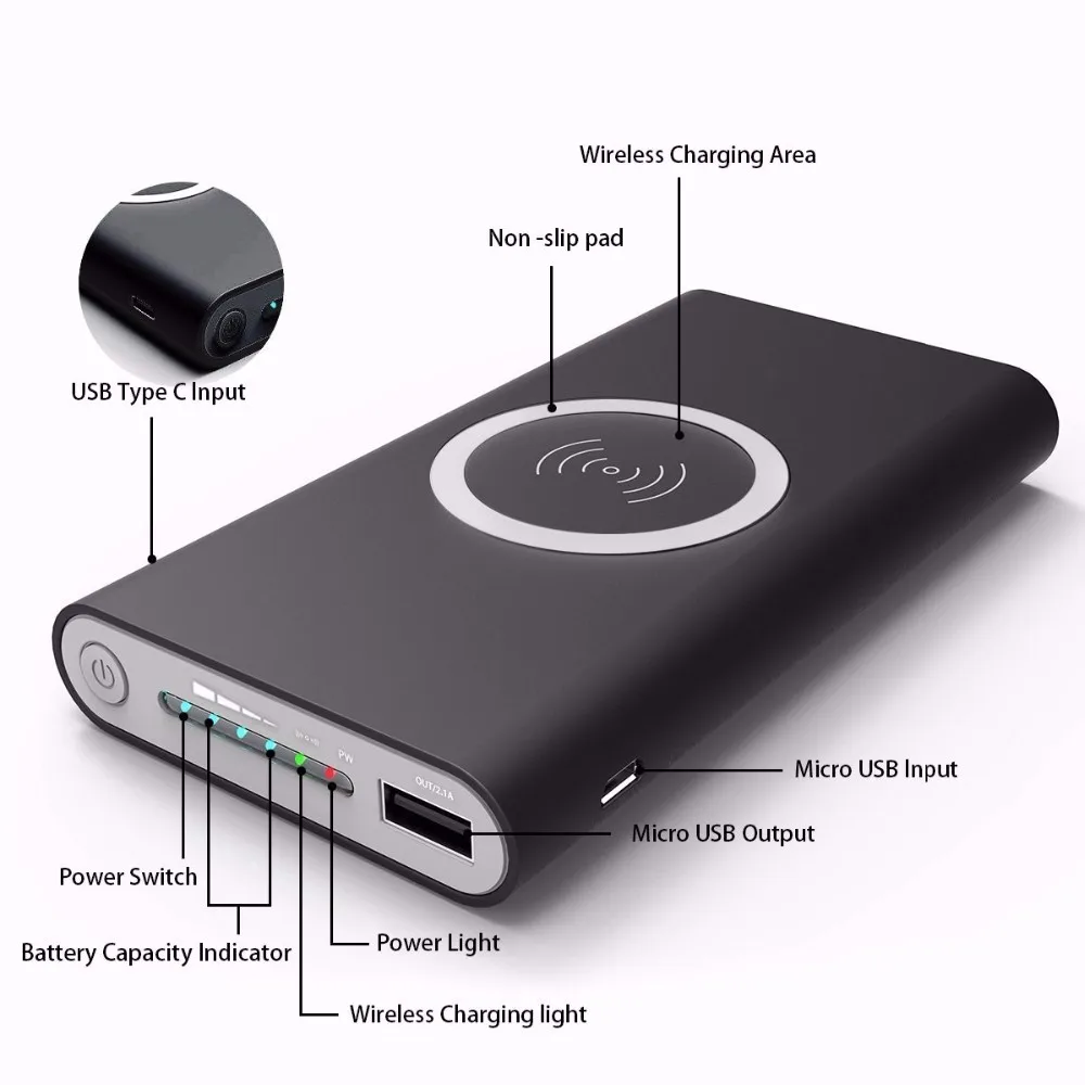 Factory Price Universal Led Flash Light 10000Mah QI Wireless Power Bank For Smart Phone - ANKUX.COM