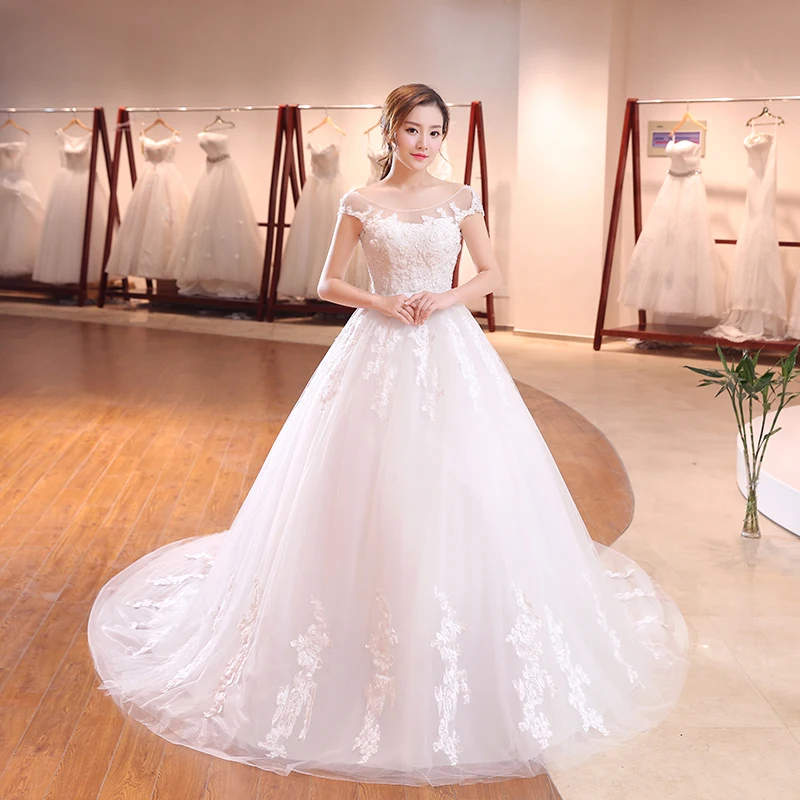 

Guangzhou new designs O-Neck Backless wedding dress with long tail