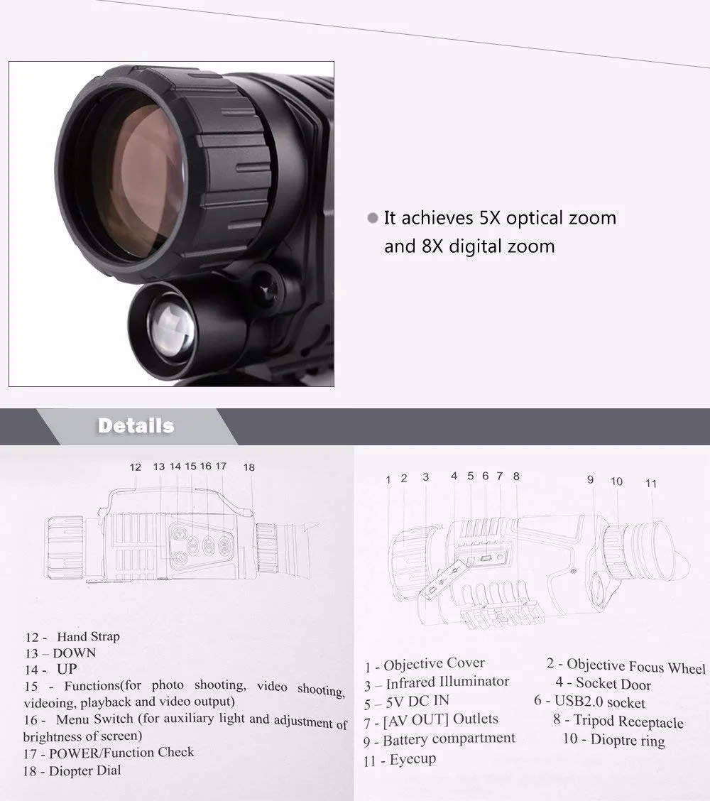 Night Vision Monocular 5x40 Digital Monocular With Photo And Video