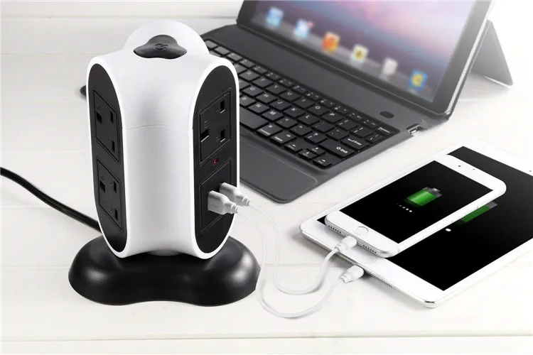 
JW701 Vertical Power Strip Tower Extension Cord - 4 Outlet 4 USB Charging Port, Clover Design 