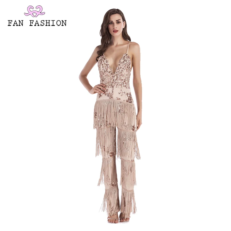 

Custom sexy backless sequins long women wide leg pants jumpsuit with tassel, Sample or be customized