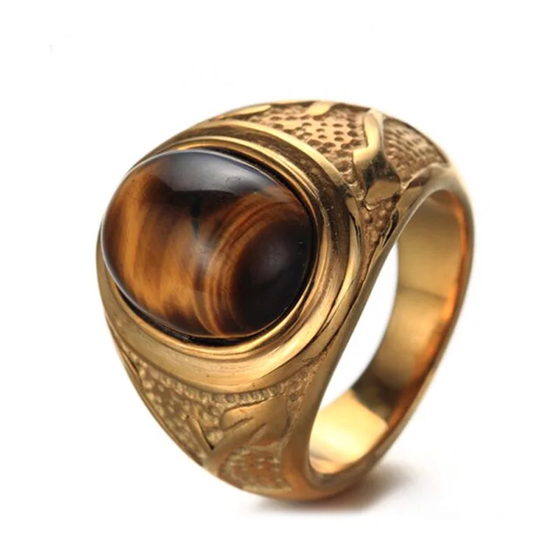 

Wholesale Custom Men's Casting Design Jewelry Titanium Tiger Eye Stone Ring, Gold