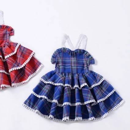 

2019 lace grid cotton summer baby girls layered dress sleeveless baby girl dress wholesale boutique children clothing, Floral