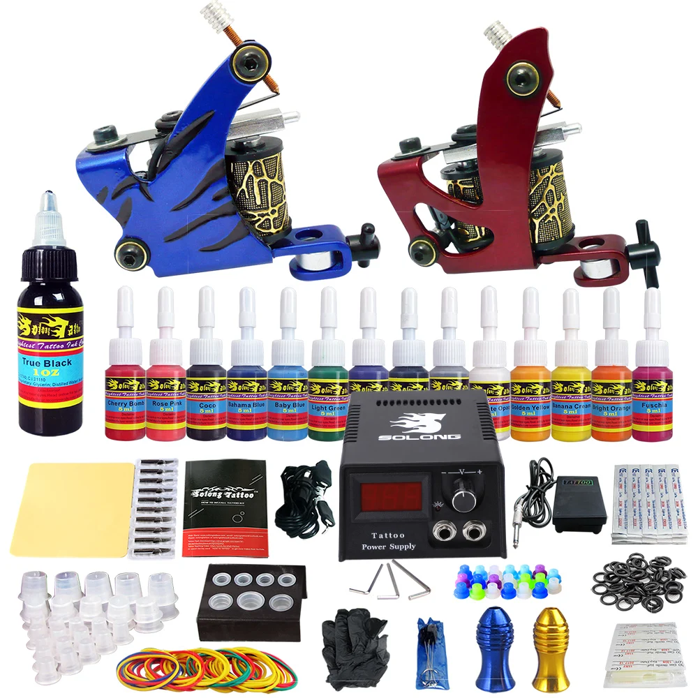 

Solong Professional Tattoo Kit with Coiling Gun Power Supply Inks Needles Grip Tip Tattoo Full Kit