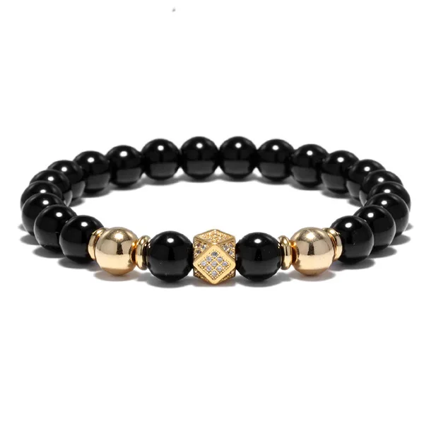 

Hand Made Jewelry Elastic Micro Pave CZ Bead Charm Bracelet Fit Dumbbell Charm Black Onyx Strand Bracelet, Gold, black, rose gold, silver