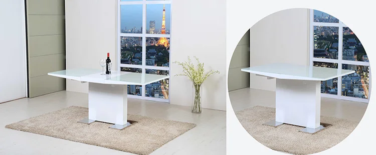 Modern mdf furniture white high gloss extendable expandable adjusted luxury wooden dining table with metal stand\t