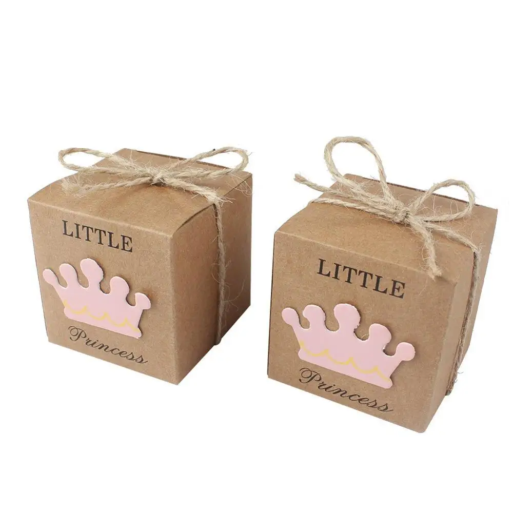 Small Square Brown Paper Gift Box Baby Shower Candy Box With Little Prince Princess Crown Design
