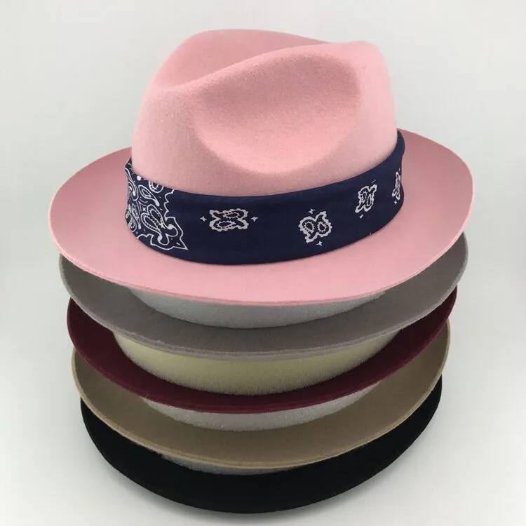 Ss2017 Pure Wool Felt Pink Fedora Hat With Popular Bandana Trim Buy