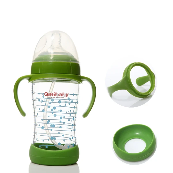 

280ml Wide Neck high borosilicate glass Baby Feeding Bottles with silicone sleeve, Red/green