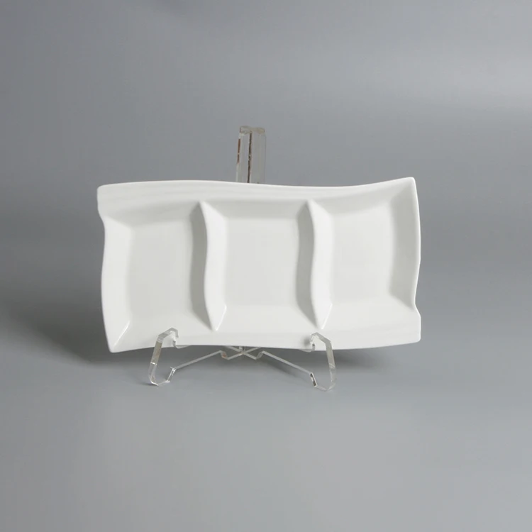Restaurant Dinnerware White Rectangular Tapas Ceramic 3 Compartment