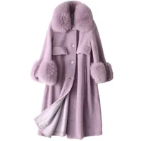 

Women Overcoat Real Fox Fur Collar and Cuffs Teddy Jacket Wholesale Sheep Skin Fur Coat Long Real Sheep Shearling Coat for Women