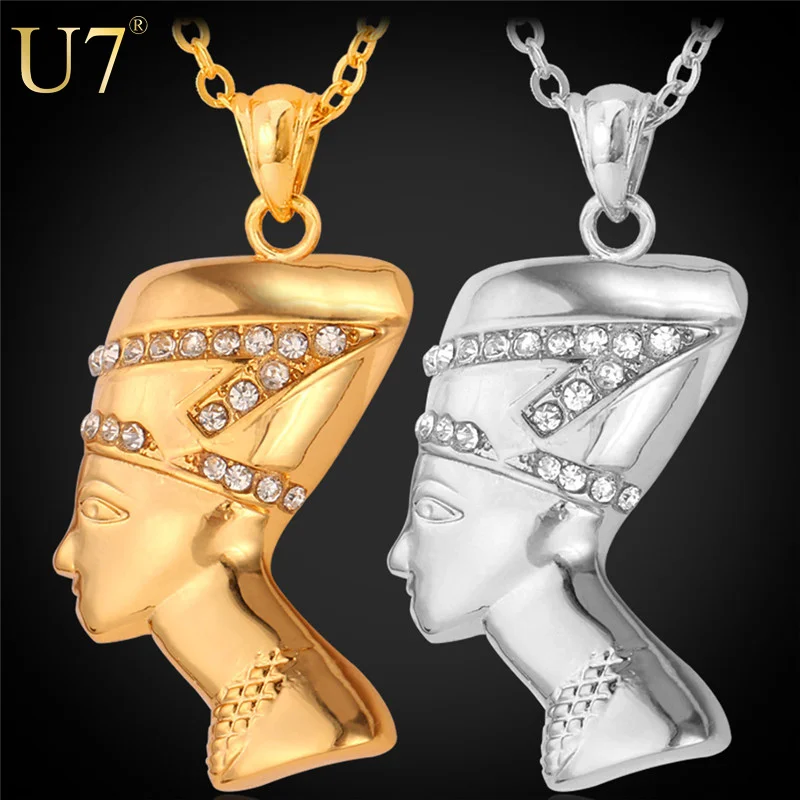 

U7 Gold Egyptian Egypt Queen Nefertiti Charms Pendant Necklace For Mom Women Jewelry platinum plated with crystal Gift