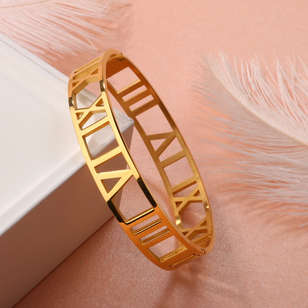 不锈钢镀金罗马数字 12毫米宽手镯手镯为女性男性情人珠宝腕带礼物