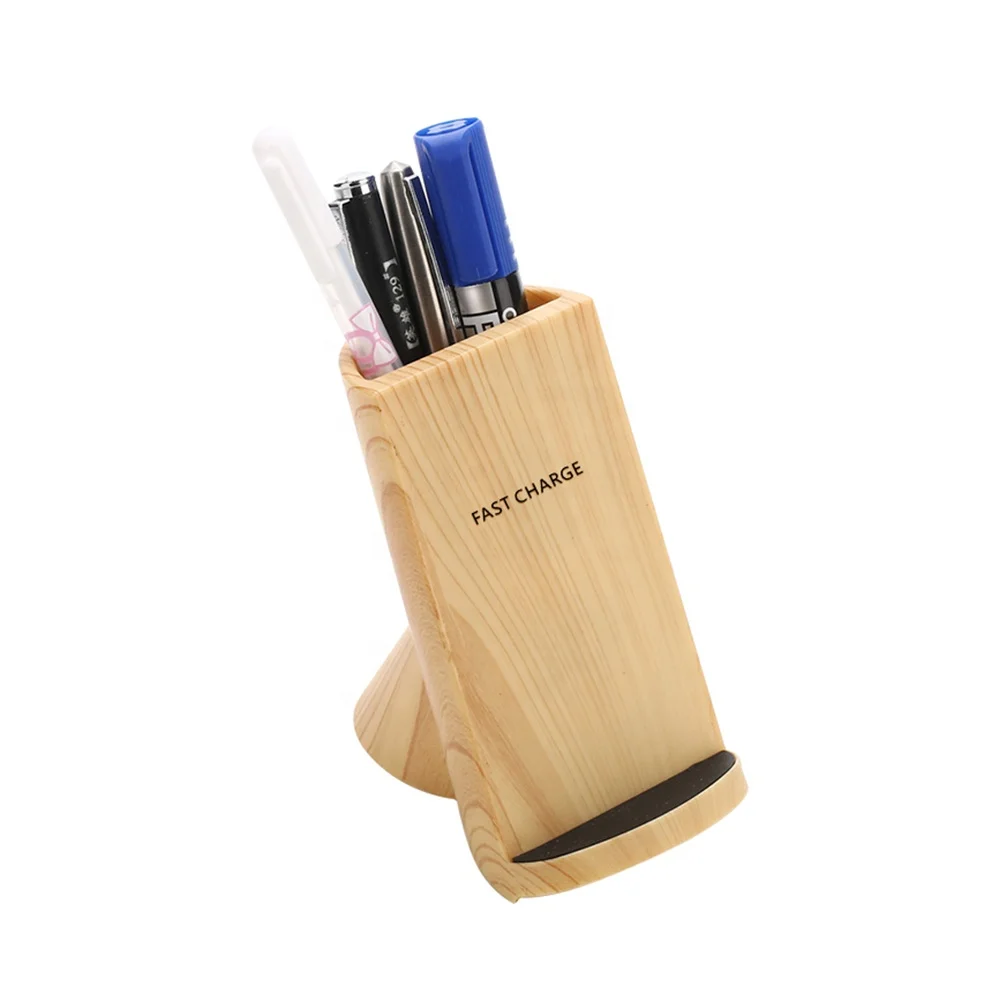 

Custom High Quality 2 in 1 Pen Holder Qi Wireless Phone Charger For Table, Bamboo wood