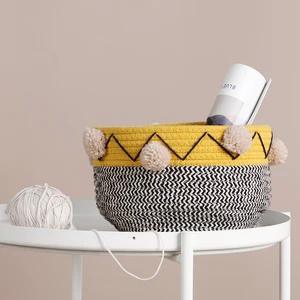 Image of Pompom small mini round home household decorative christmas gift hampe fabric dim sum storage hampers woven cotton rope basket