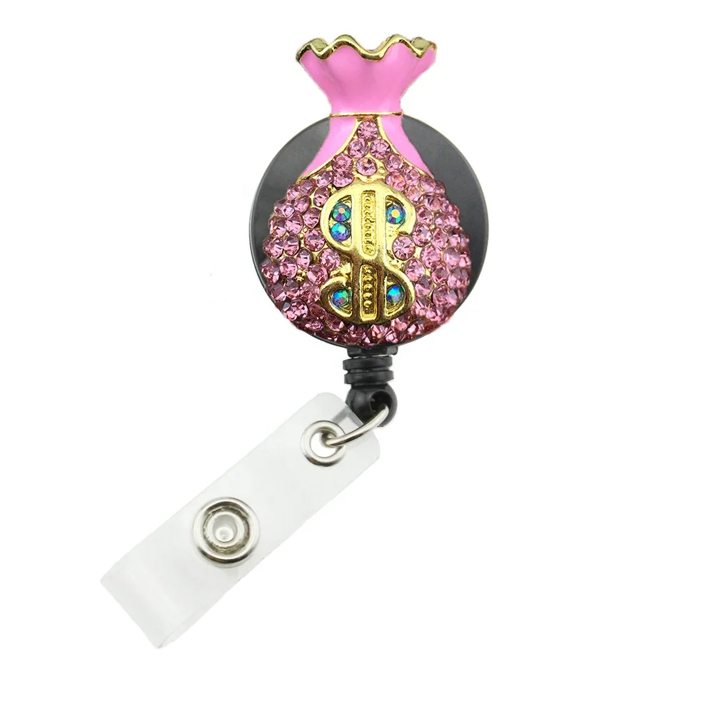 

Bling Rhinestone Money Bag Shape Retractable ID Pull Badge Reel for Banker, All kinds of color
