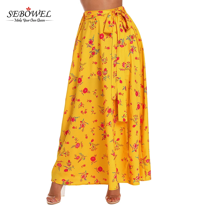 

Latest Floral Print Thigh Slit Women Long Skirt, Yellow;white