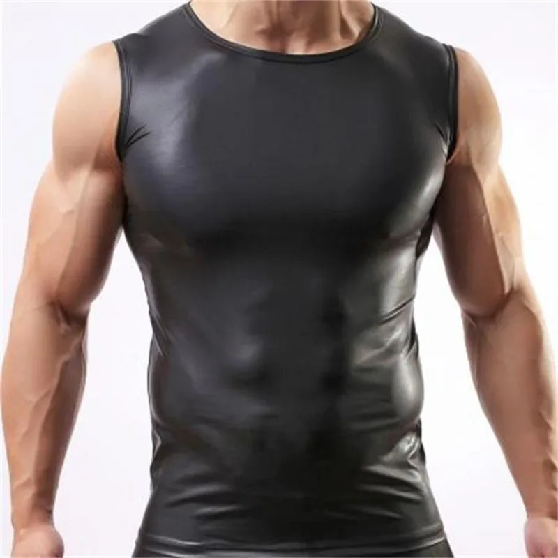 

Hot Sale black PU Leather Sexy Thigh O neck Men Tank Tops Men Fitness Summer Sleeveless Vest