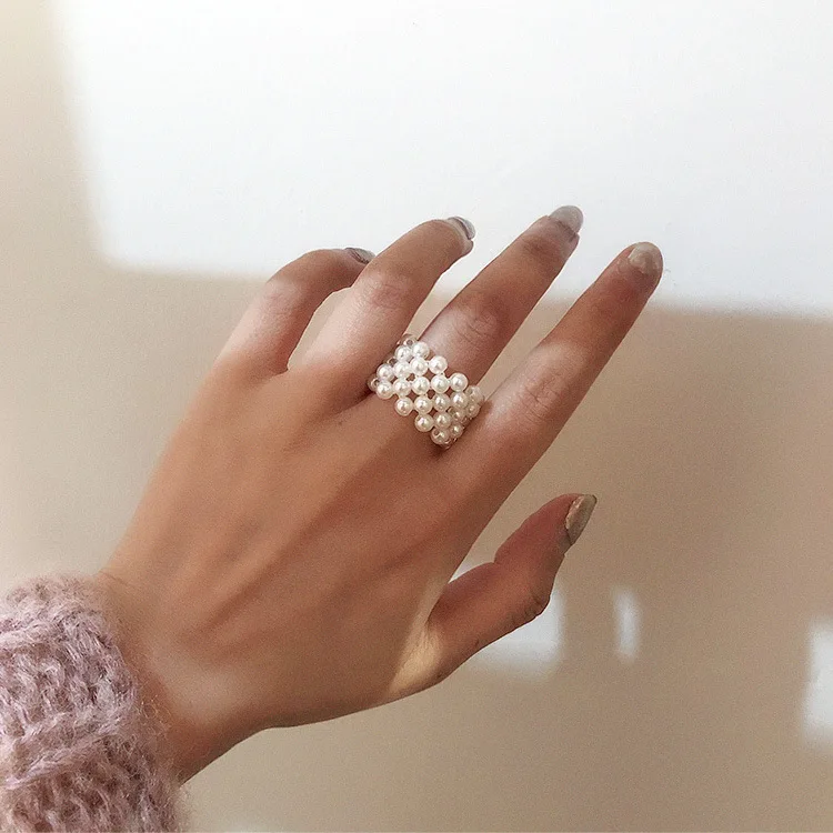 Wholesale Instagram Fashion New Arrived Handmade Custom Plastic Jewelry Korean Braided Pearl Ring For Women