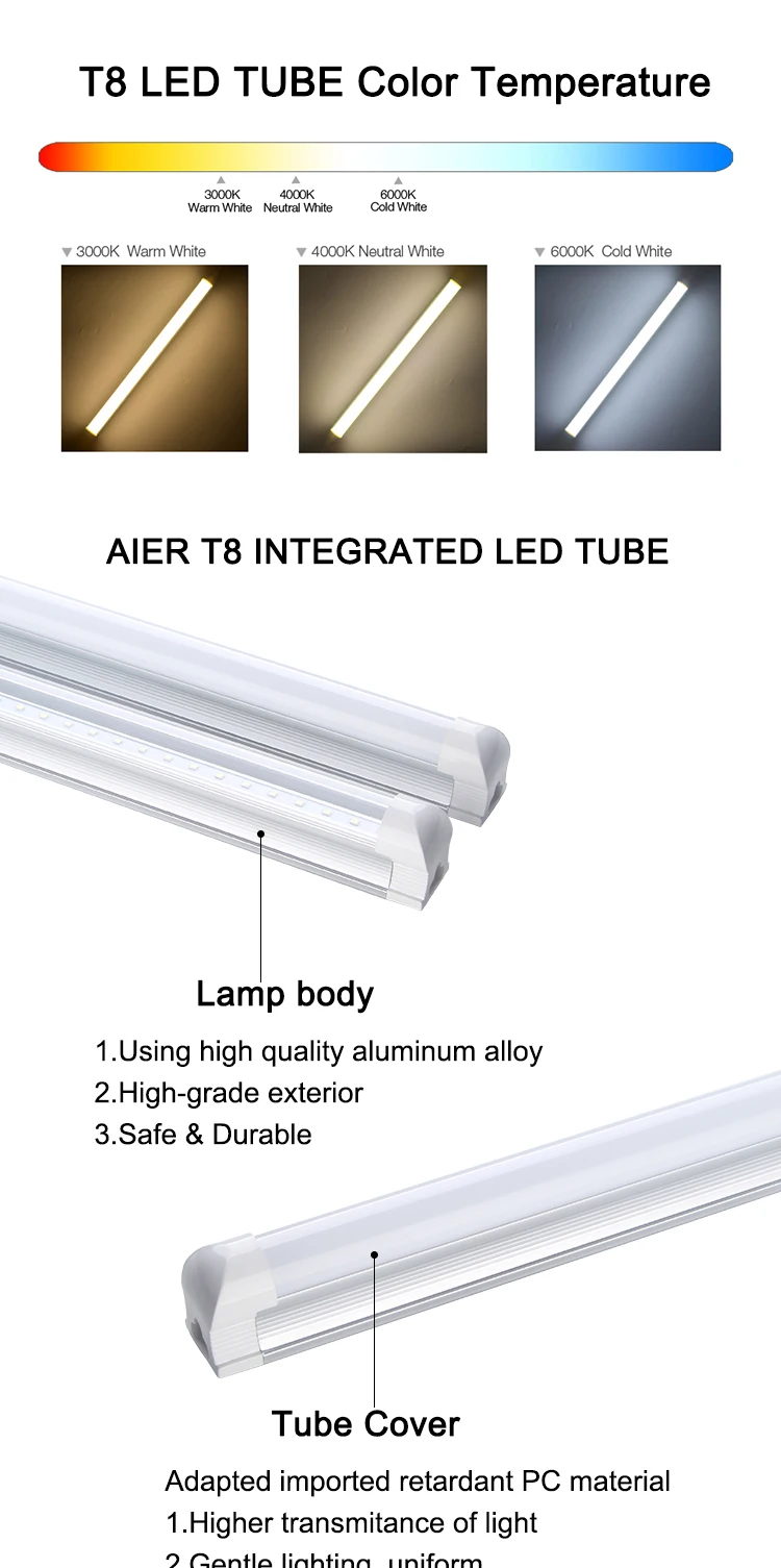 t8 integrated led tube light with Good heat dissipation Commercial Aluminum PC 4FT G13 18W 1800LM 1.2M 85-265V 0.95PF