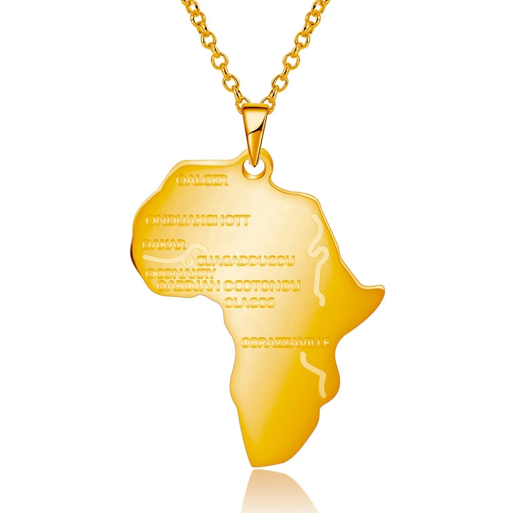 

Africa map pendants necklaces 24K Gold Plated Hiphop Jewelry, Black;gold;steel