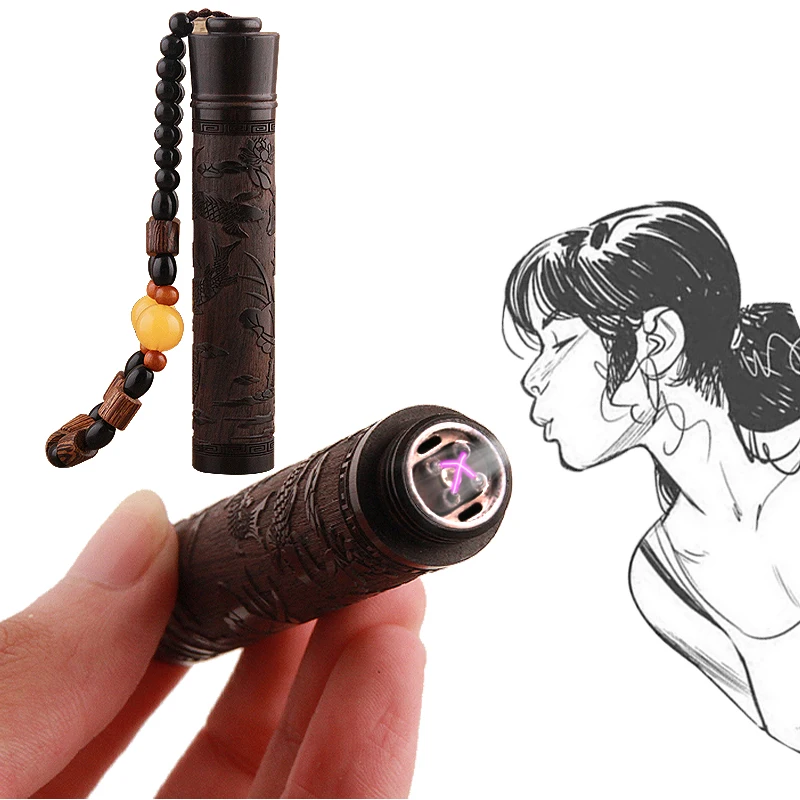 SQ7590 Yanzhen retro wooden carving ebony Blow air USB double arc lighter