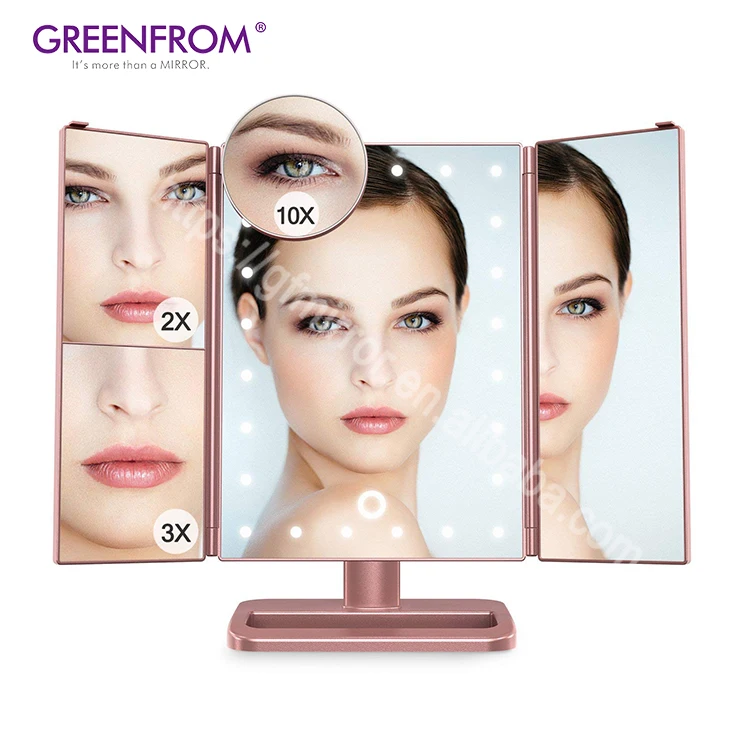 Touch Screen 24 LED Lighted Tabletop Trifold Compact led makeup mirror with light  10X Magnification Spot Mirror