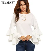 

YSMARKET Women Casual Blouse Flare Sleeve Blouse Shirt Ruffle Lady Tops Autumn Long Sleeve O-neck Black White Solid Blusa E1390