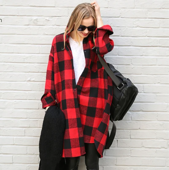 

new wholesale women casual cotton flannle oversize long plaid shirts
