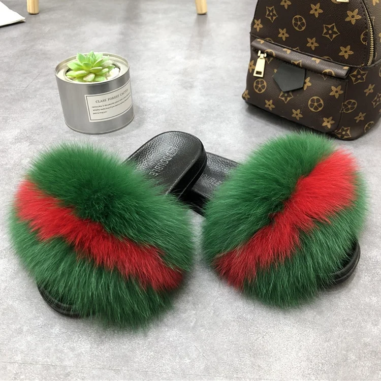 

Hot sale designer fur sandals stylish slide sandals woman real fox fur sandals slippers, Black,white,beige,gray,etc