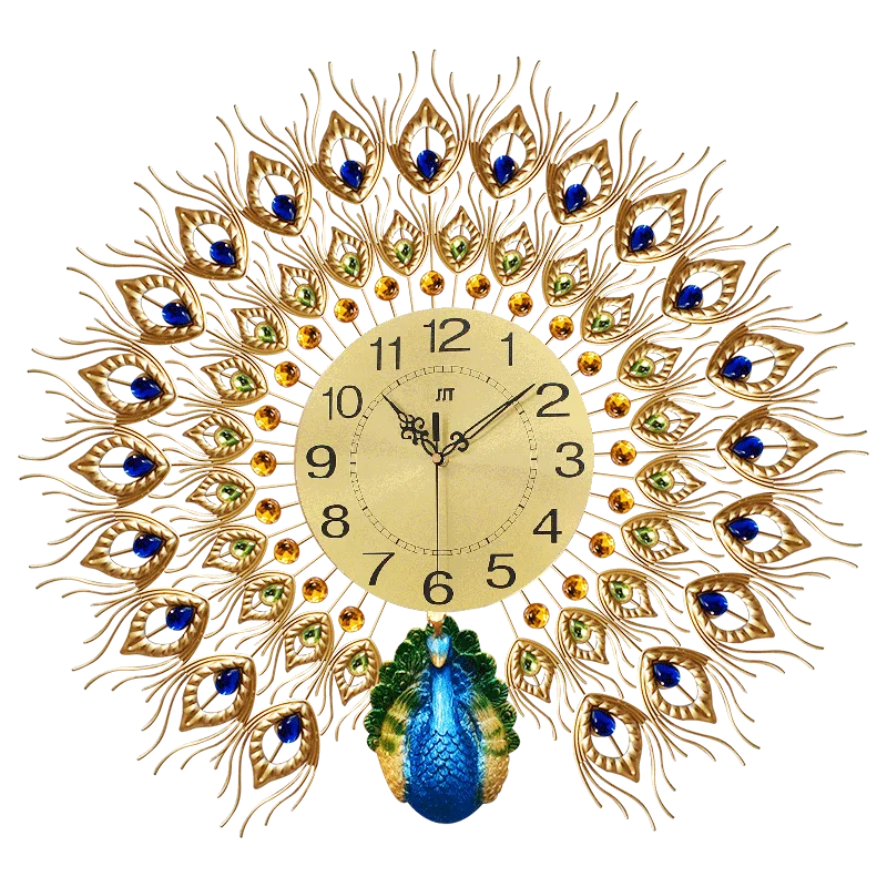 

Oversized Peacock Designer Home Goods Wall Clocks Beautiful Crystal Clock Wholesale, Black;silver;red;gold