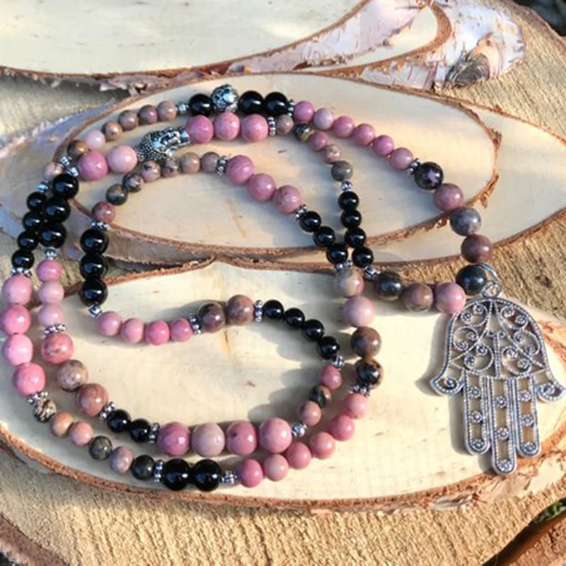 

SN1508 Mala Chain 108 beads Hamsa buddha Necklace Onyx rhodonite Yoga Wrist Energy Healing Stone Meditation Bracelet or Necklace, As picture